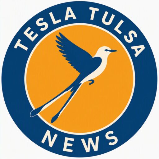 Tesla Tulsa News logo: a gold scissor-tailed flycatcher, the Oklahoma state bird, in flight on a gold disc inside a navy ring reading Tesla Tulsa News